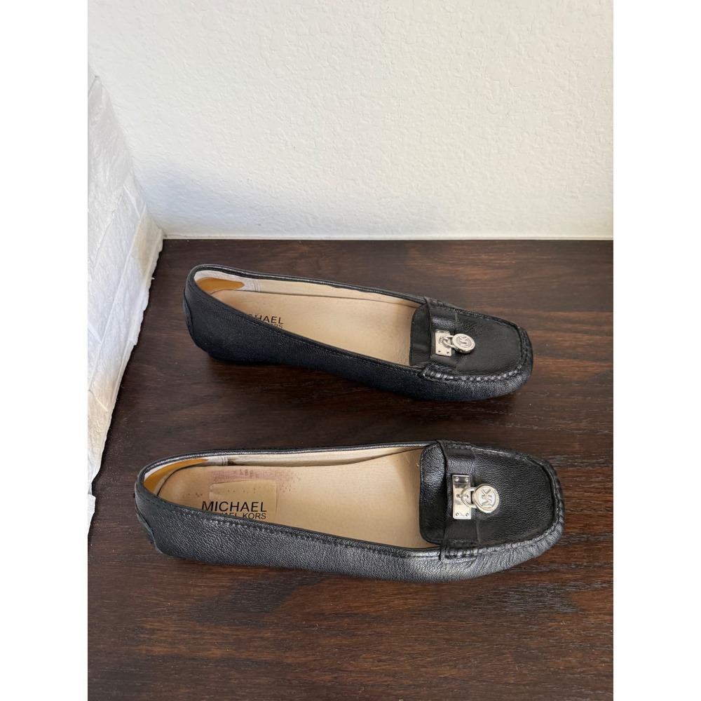 Michael Kors Black Pebbled Leather MK Padlock Loafers Flats 10M